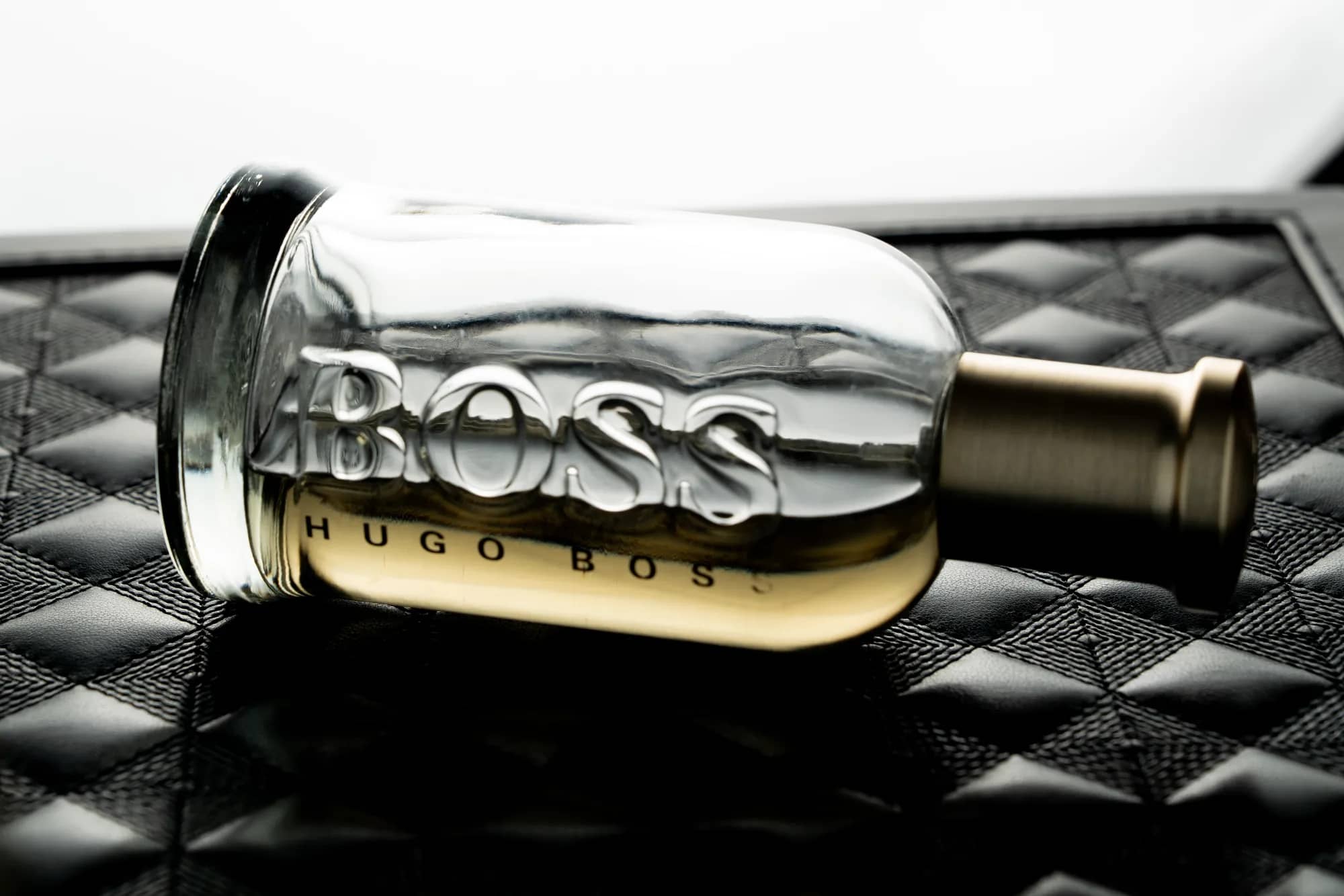 Close-up product photography for a luxury bottle